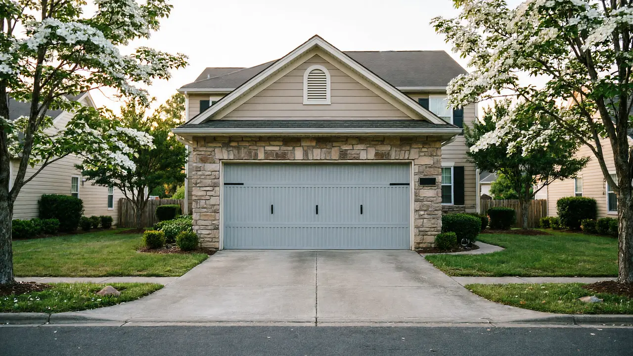 The garage door is light gray with decorative black hardware on a stone house.