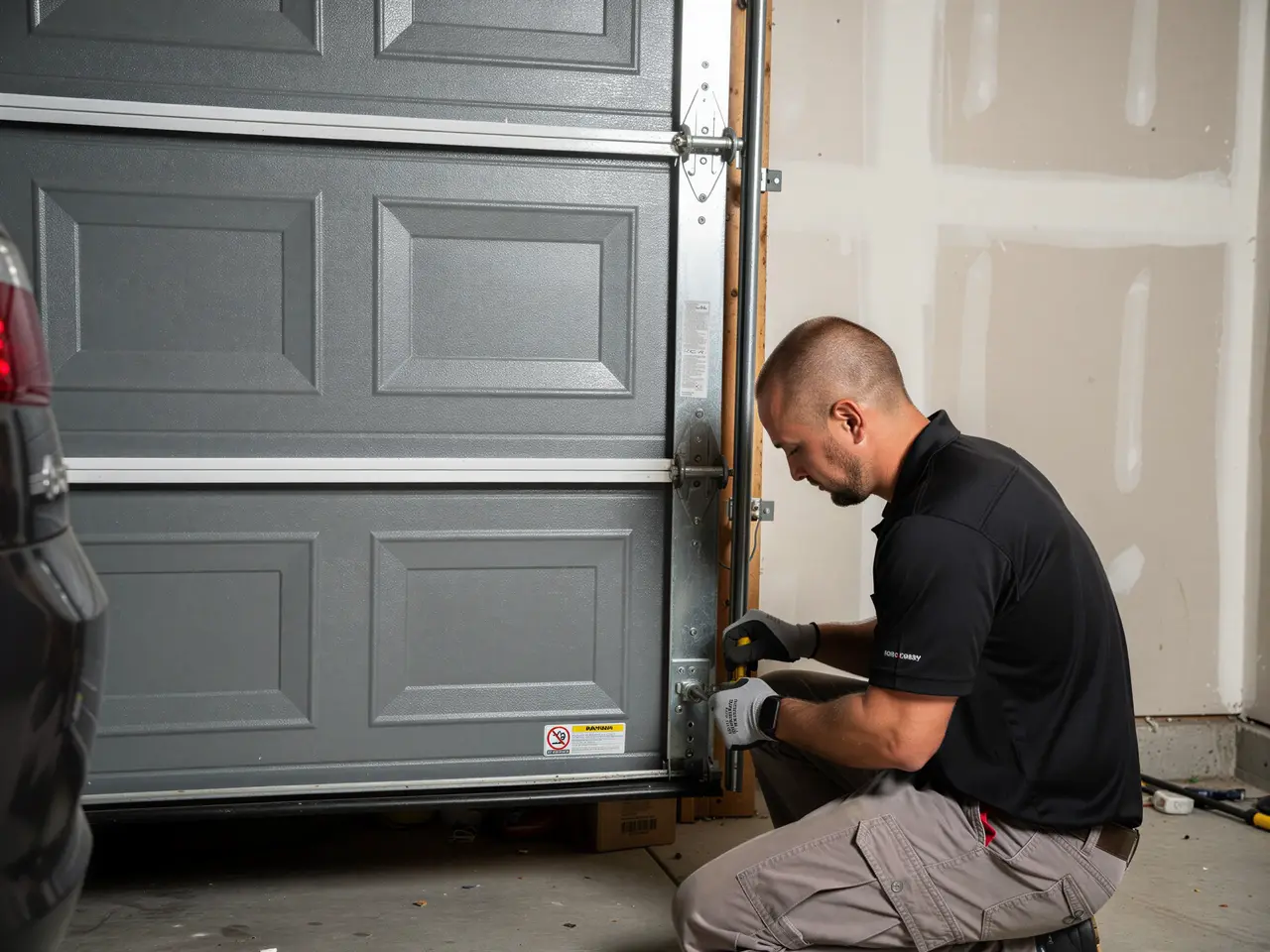 A technician in a black shirt and gray pants works on a gray garage door.