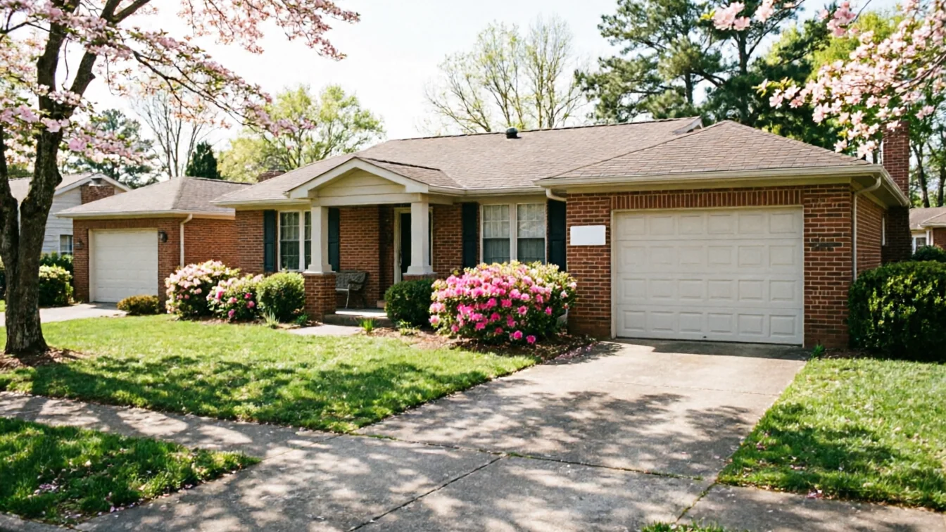 A brick house with two white garage doors and pink flowering bushes.