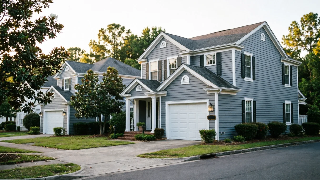 A gray house with a white garage door is visible from the street.