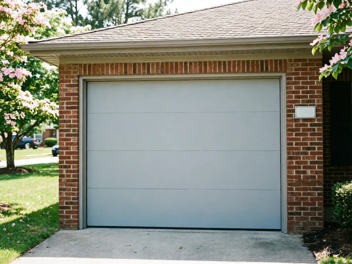 A light gray garage door is installed in a brick house.