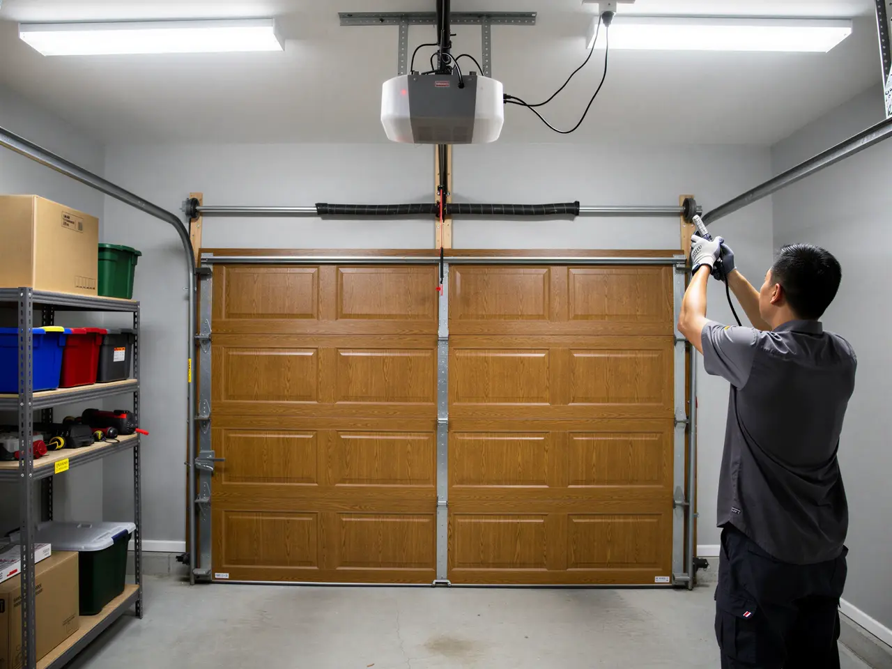 A technician works on the garage door torsion spring and opener.