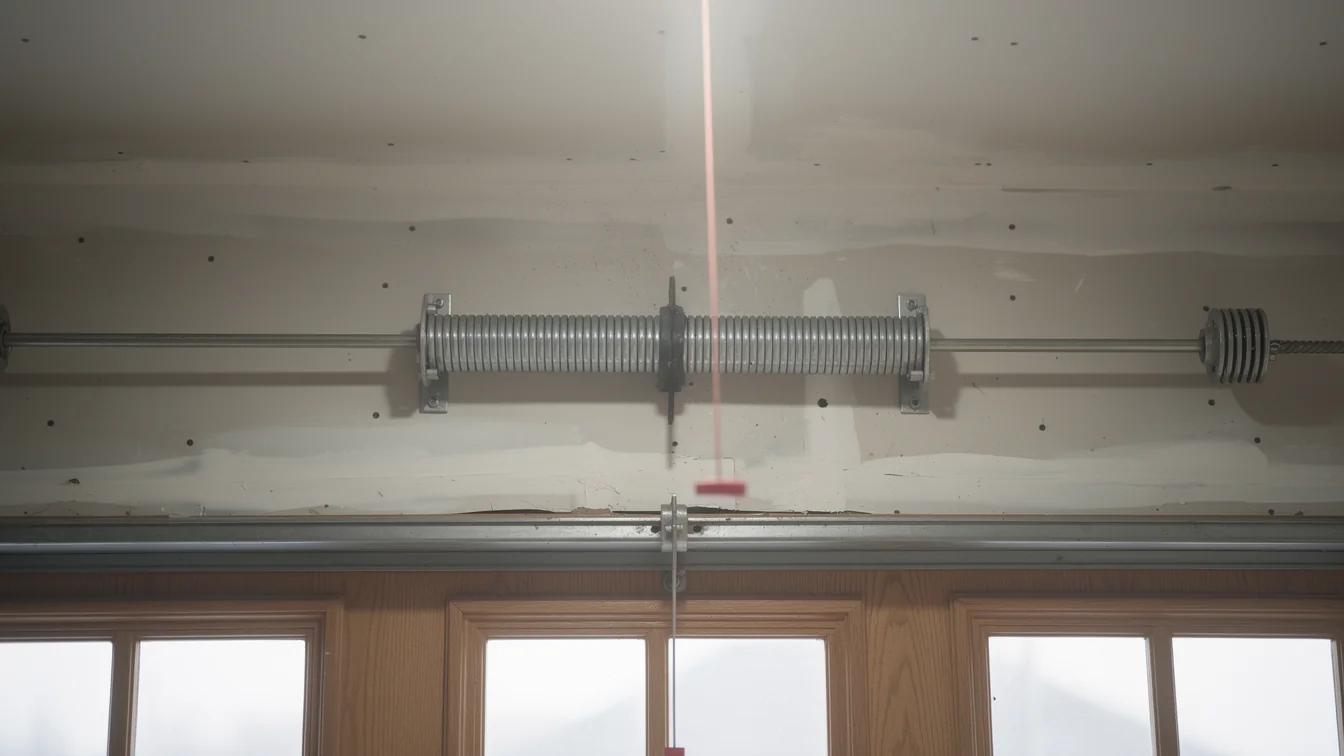 A garage door torsion spring is mounted above a wooden garage door.